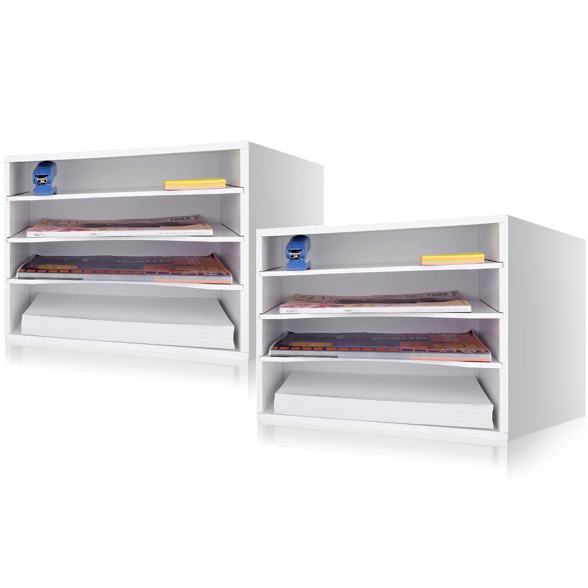 EMERIT 4-Tier Adjustable Paper Organizer, Large Capacity Desktop Organzier for Textbooks/Magazines/Office Files, Wooden Dividers, 7 lbs per Shelf, White