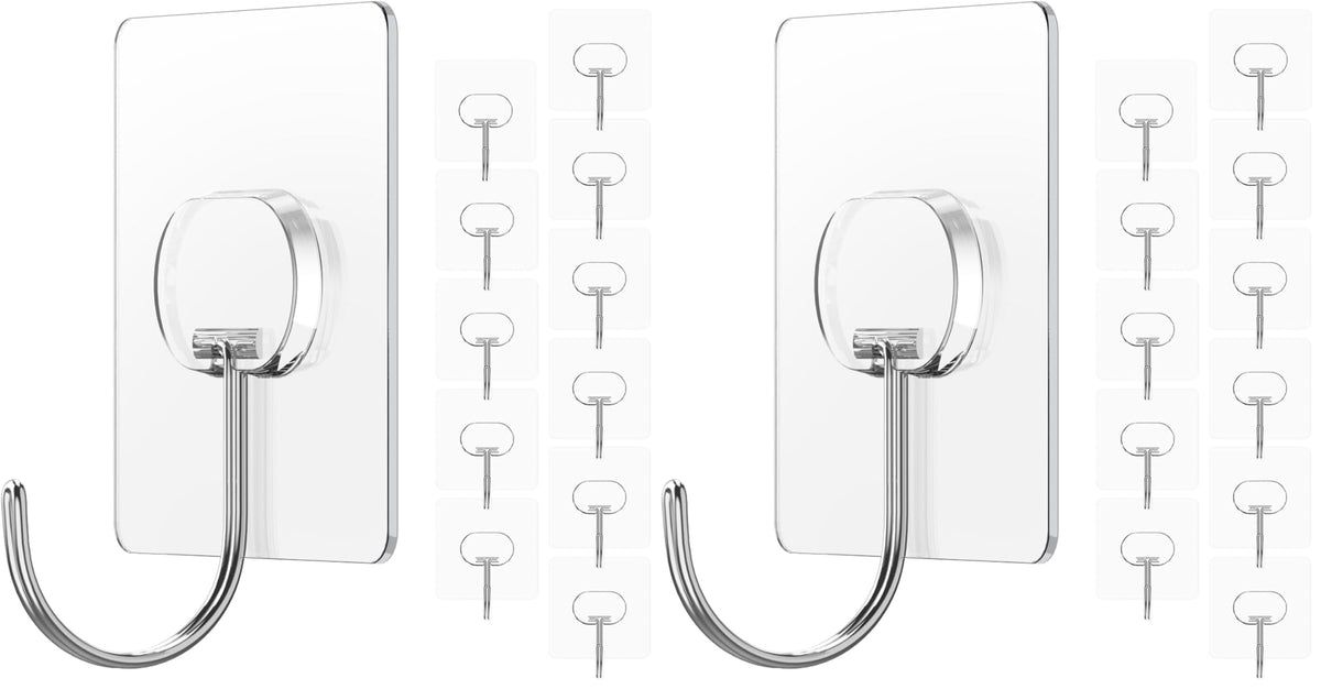 Adhesive Wall Hooks No Drill Large Clear Heavy Duty,13LB Sticky 8 Pack