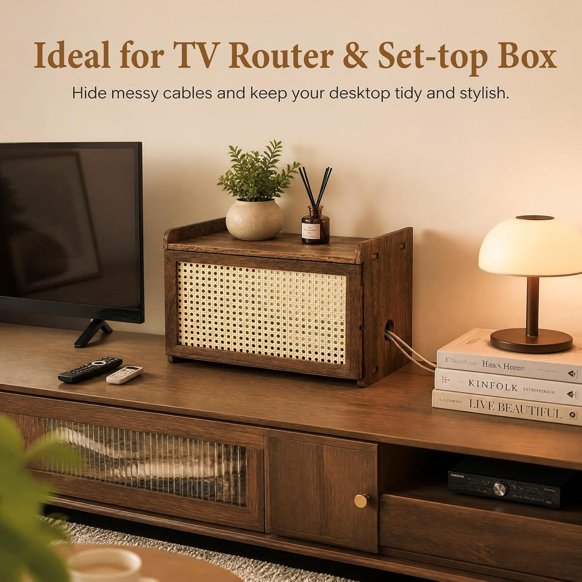 Router Box Hider,Wifi Router Storage Cabinet with Woven Rattan Sliding Door
