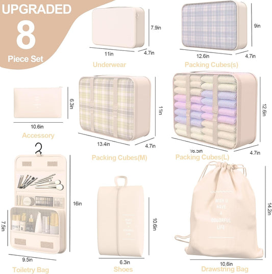 8 Set Packing Cubes for Travel, Suitcase Organizer Bags for Luggage (Cream)