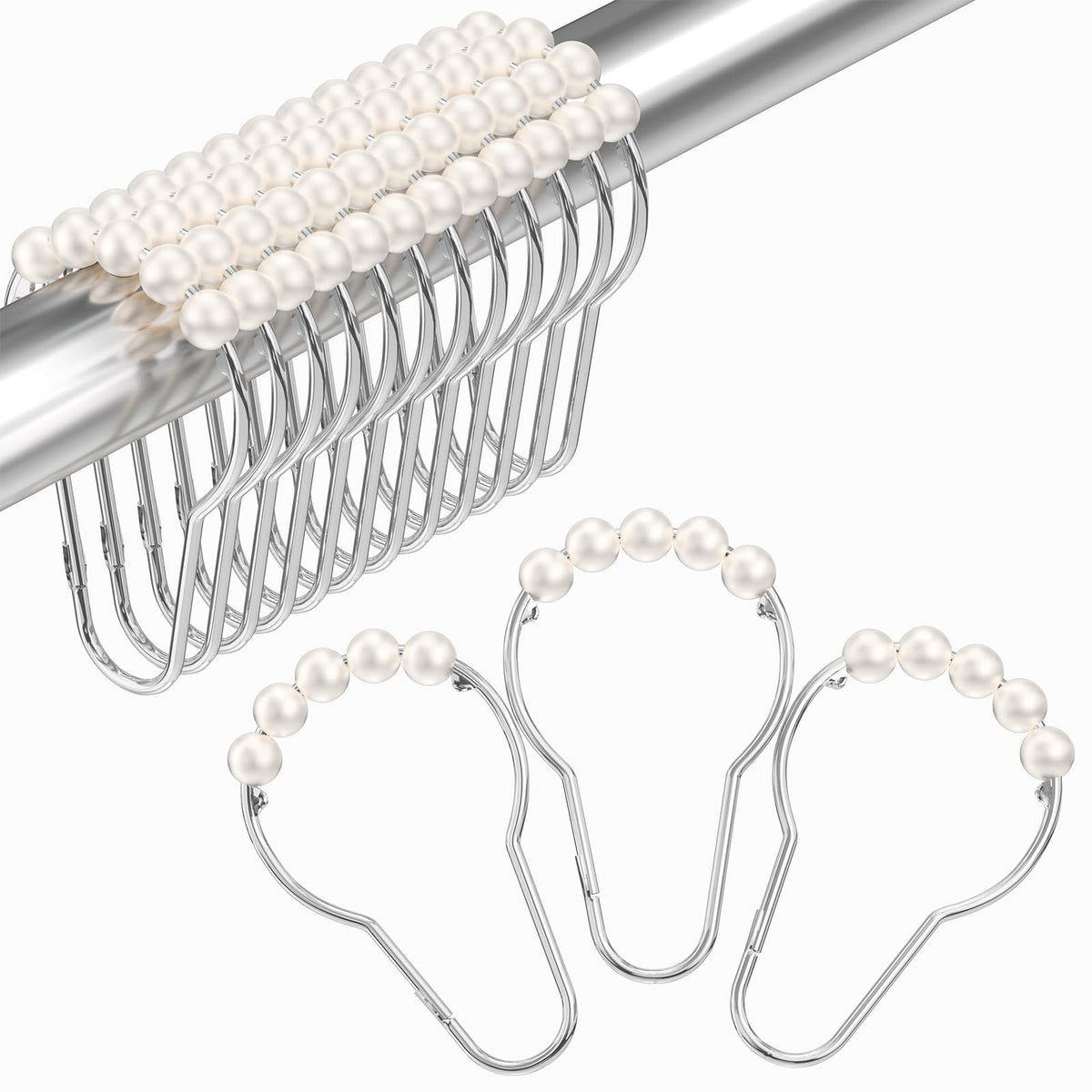 Amazer Shower Curtain Hooks, Decorative Rust Proof Stainless Steel Shower Curtain Hooks for Bathroom Shower Rods Set of 12, Polished Nickel