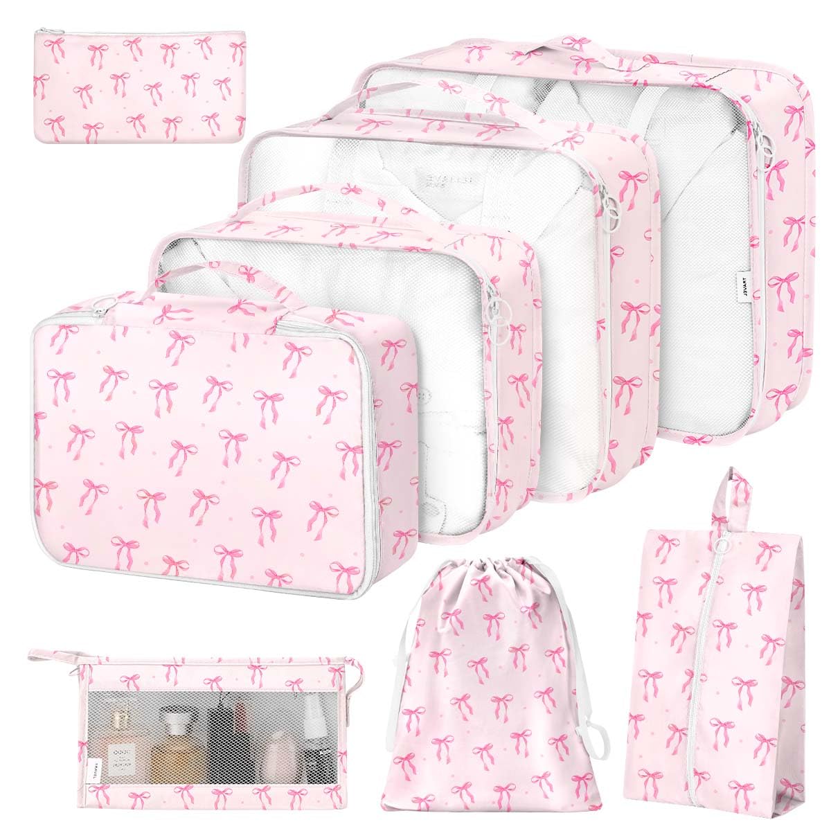 8 Set Packing Cubes for Suitcases,Suitcase Organizer with Shoe,Cosmetics,Clothing, and Accessories Bags for Travel Luggage Organizer Women Men(Pink Bows)