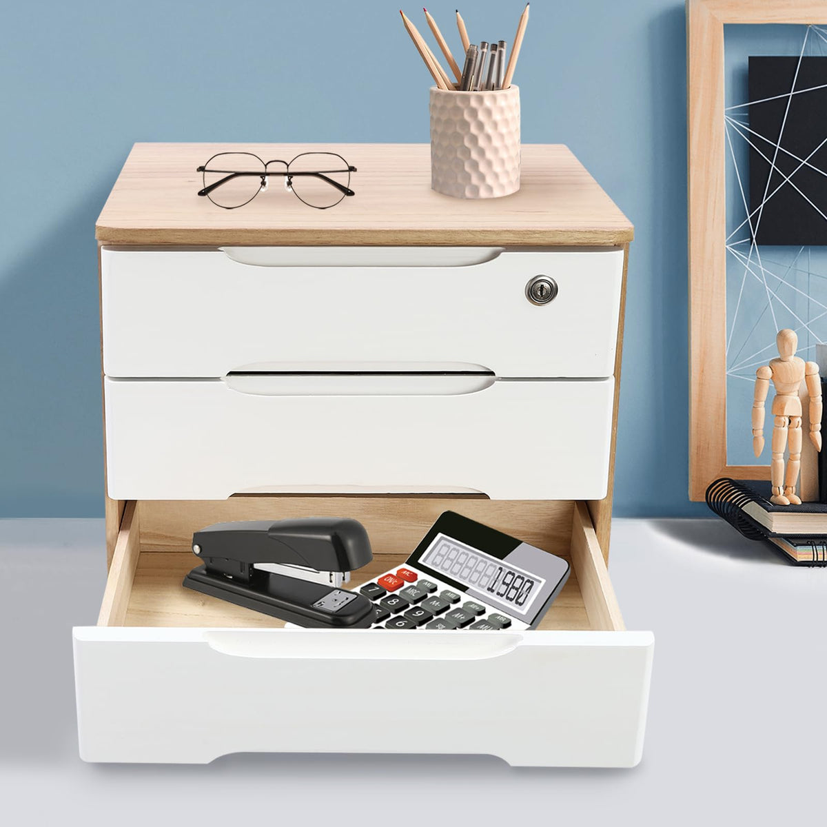 3-Tier Desk Organizer with Lockable Drawers,1 Locks & 2 Keys, Wooden Desktop Storage Box, Categorized Storage Desktop File Cabinet(White)
