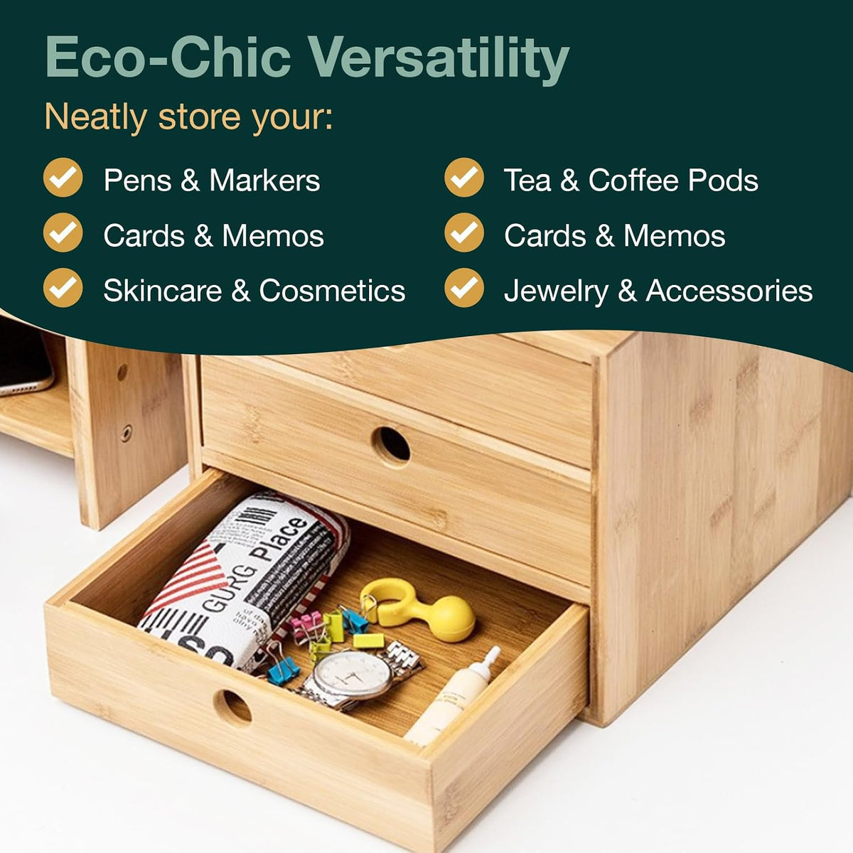 Modular Stackable Set of 3 Bamboo Organizer Desktop Drawers - 1, 2, 3 = 6 Drawers Total Storage Organizer for Desk Accessories, Office Supplies, Makeup Storage - Tabletop Wood Box Stackable Drawers