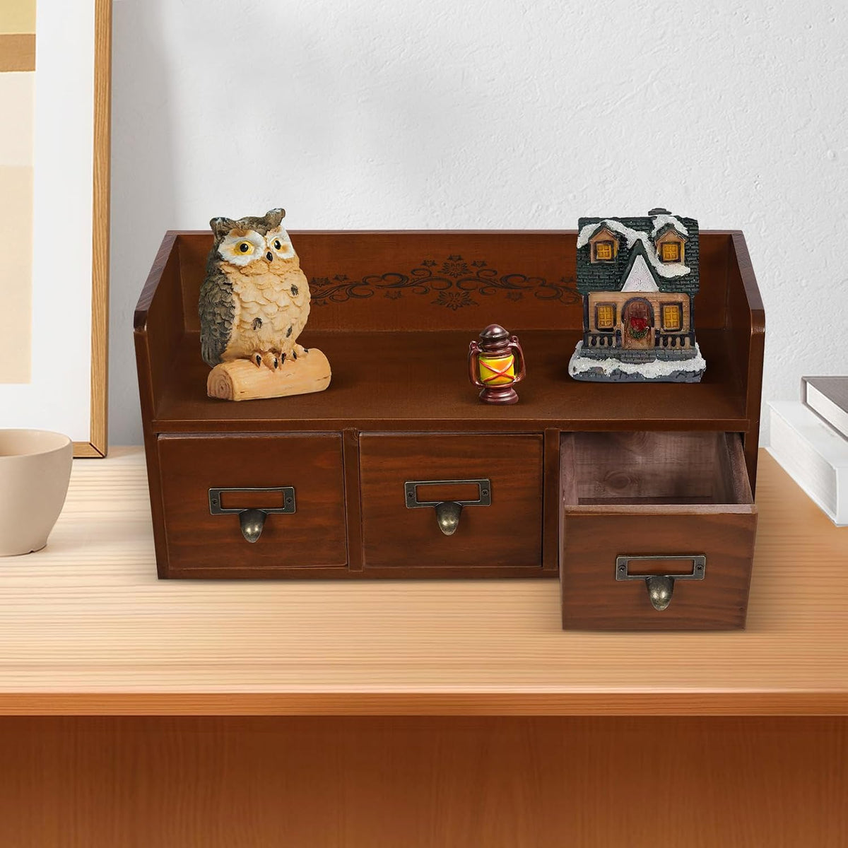 Desk Organizer with 3 Drawers, Wooden Apothecary Cabinet Desktop Storage Shelf File Holder with Label Boxes, Makeup Organizer Filing Case for Office Bedroom Home, L15.2*W5.7*H7.3in