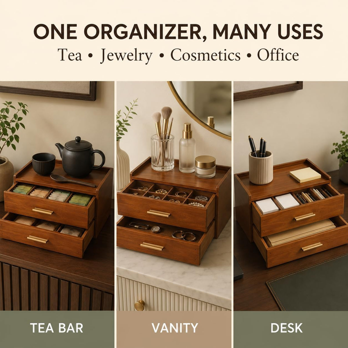 Wooden Desk Organizer With 2 Drawers, Desktop Drawers Storage Cabinet