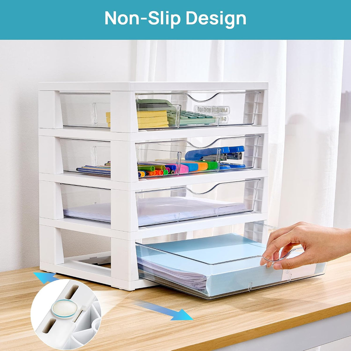 Vtopmart Clear Desktop Organizer, 4-Tier Drawer Storage with Dividers