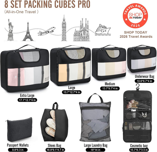 Veken 10 Set/8 Set Packing Cubes for Travel Essentials,Anti-Wrinkle Buckled Suitcase Organizer for Shoe & Toiletry Bag,Carry On Luggage Bag for Airplane & College Dorm Room Accessories,Women Men Gifts