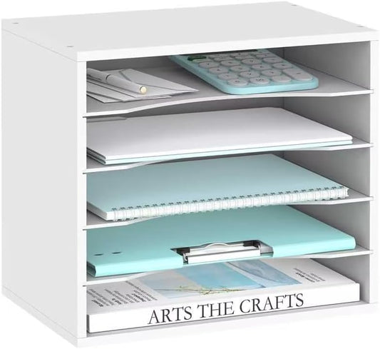 5 Tier Wood Desk Organizer, Mail Sorter and Paper Organizer for Desk, White