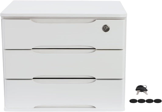 3-Tier Desk Organizer with Lockable Drawers,1 Locks & 2 Keys, Wooden Desktop Storage Box, Categorized Storage Desktop File Cabinet(White)