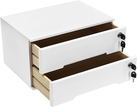 2-Tier Wooden Desktop Storage Box with Lockable Drawers, Flat File Cabinet Small Wooden Box Organizer for Office Supplies Installation-free, 15.75×11×8.66in (White)