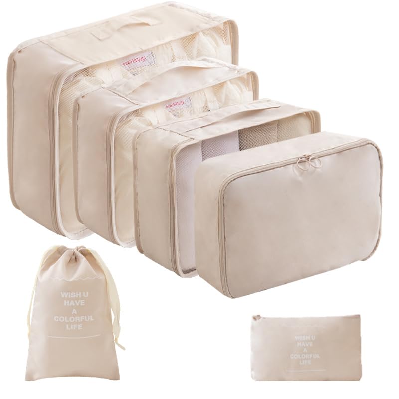 LANSKLBD 6/8 Set Packing Cubes for Suitcases Travel Luggage Packing Organizers,Travel Accessories Essentials Luggage Organizer with Shoe/Tioletry/Laundry Bag (Beige, 8 set)