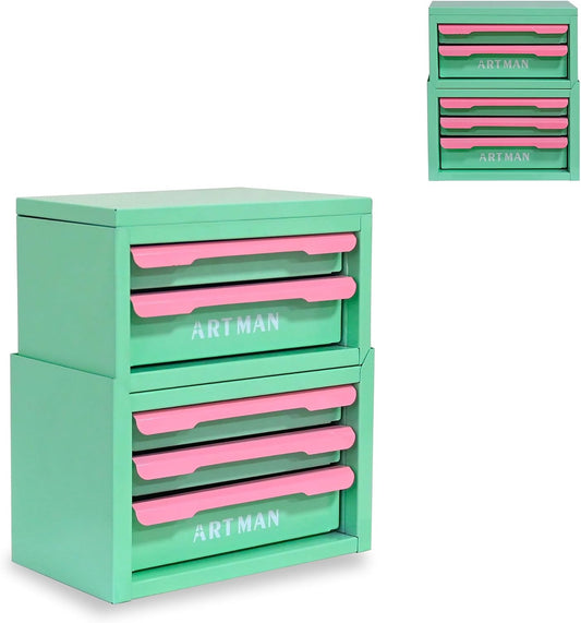 Mini Metal Tool Box, 2+3 Layer Portable Steel Small Tool Chest Cabinet,Stackable Desktop Organizer,Makeup & Stationery Storage Drawers with Handles for Home Office Workshop(Creamy Green & Pink)