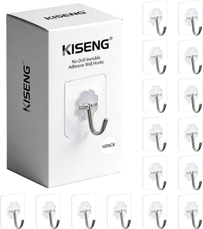 16 Pack Crystal Clear Adhesive Hooks for Hanging, Heavy Duty 22lb