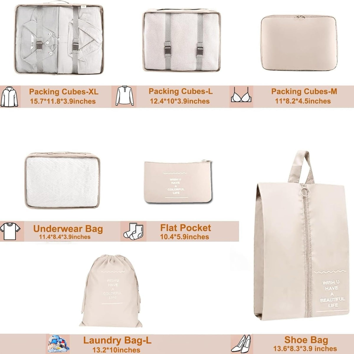 Packing Cubes for Travel - 7 Set Luggage Organizer Bags for Family, Mesh Breathable Travel Packing Cubes for Suitcases Durable Essentials Bags Set with Large Toiletries Bag (Beige)