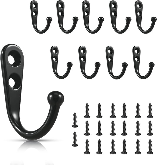 Small Metal Hooks for Wall Hanging, Rustproof Black Coat Hooks with Screws