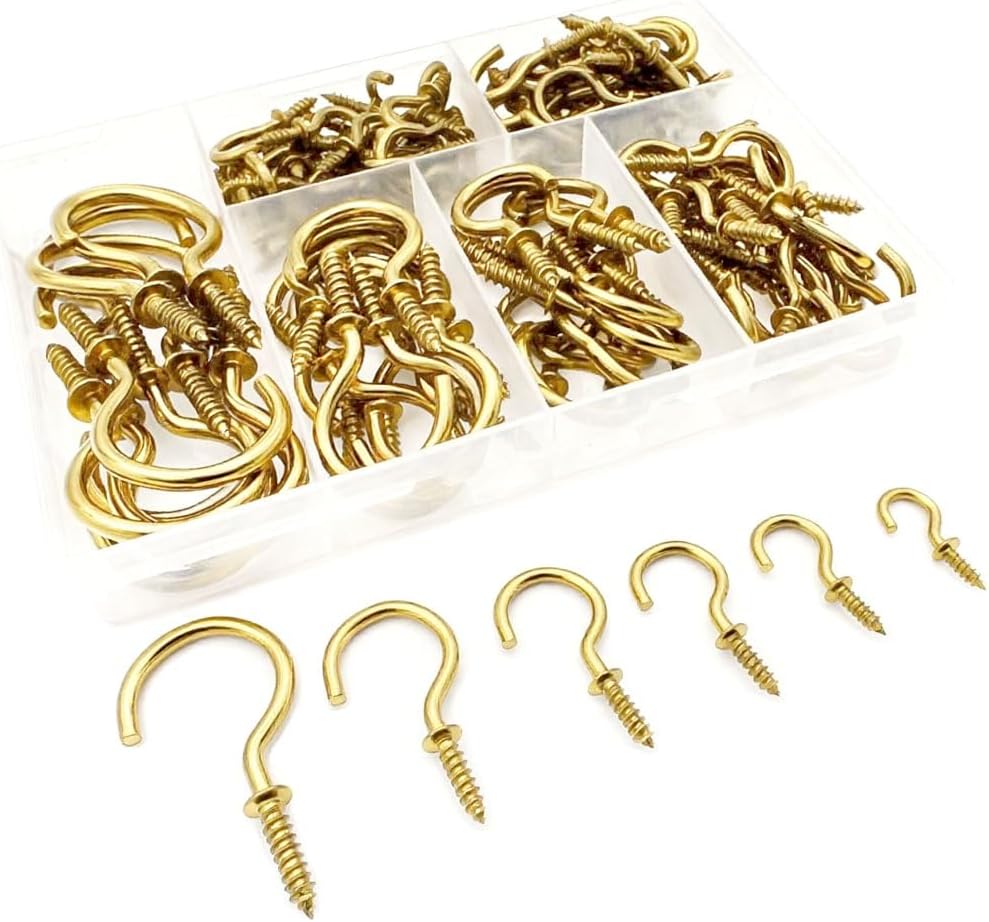 125 PCS 6 Sizes Screw in Hooks,Gold Screw Cup Hooks for Hanging Plants,Decorations,kitchenware and DIY Crafts,(1/2",5/8",3/4",7/8”,1”,1-1/4“)