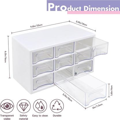 Stackable Desk Organizer with 9 Drawers, Clear Storage Box, White