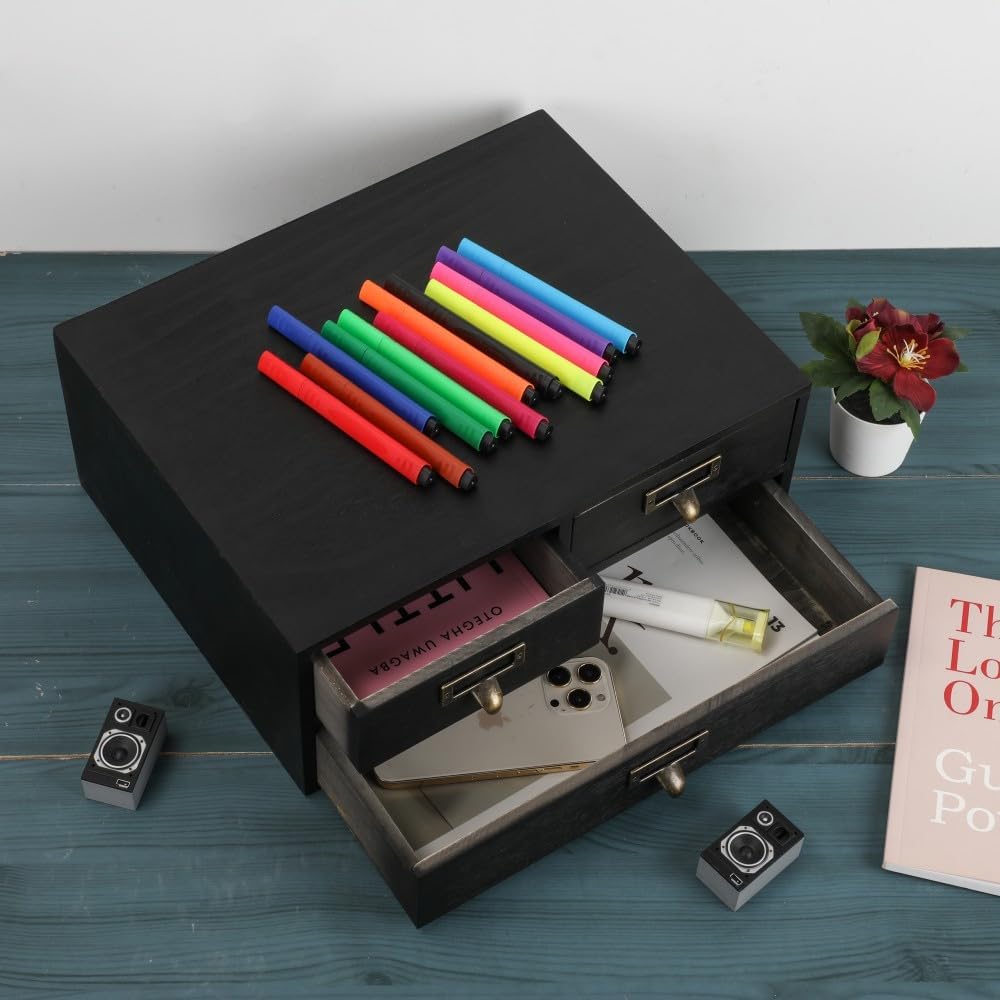 Wooden Drawers Apothecary Cabinet Black Wood Desktop Organizer Box
