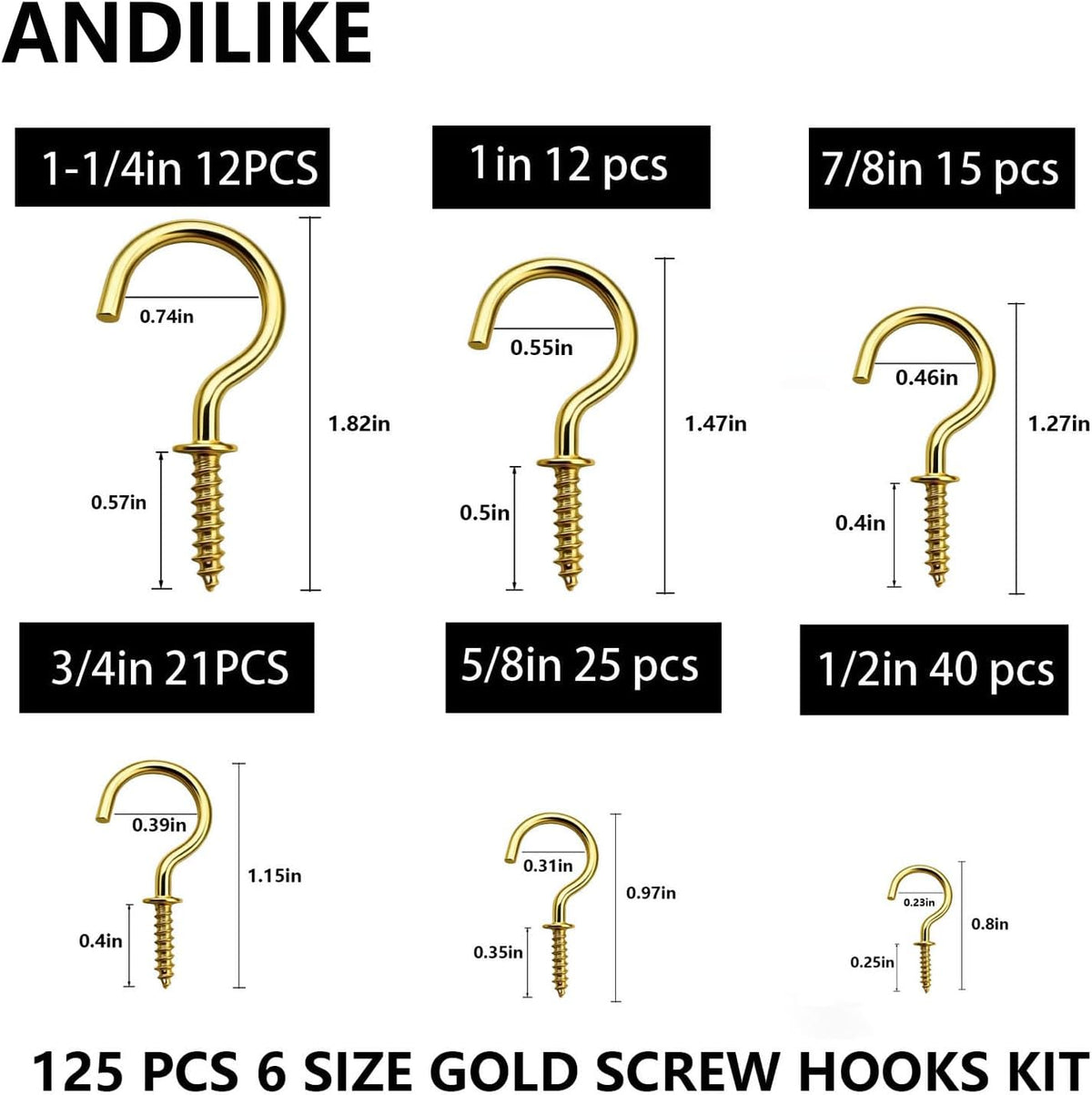 125 PCS 6 Sizes Screw in Hooks,Gold Screw Cup Hooks for Hanging Plants,Decorations,kitchenware and DIY Crafts,(1/2",5/8",3/4",7/8”,1”,1-1/4“)