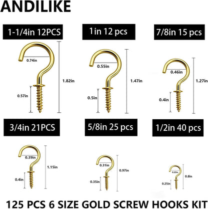 125 PCS 6 Sizes Screw in Hooks,Gold Screw Cup Hooks for Hanging Plants,Decorations,kitchenware and DIY Crafts,(1/2",5/8",3/4",7/8”,1”,1-1/4“)