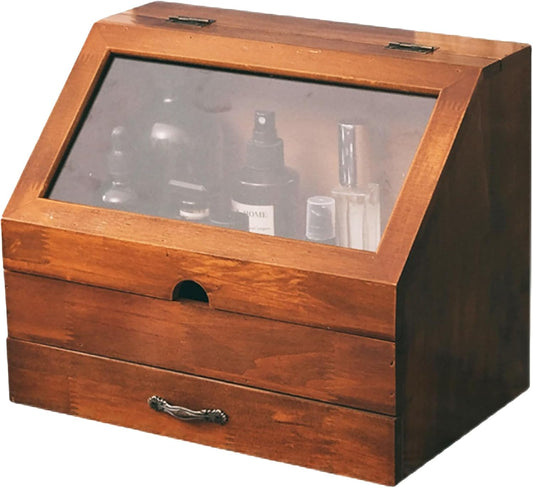 Vintage Tabletop Organizer with Glass Top Compartment -2-Tier Display Cabinet for Desk - Wooden Desktop Storage Box with Drawer and See-through Cabinet - Mahogany Brown Organizing Unit