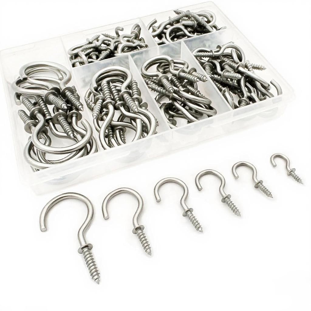 125 PCS 6 Sizes Screw in Hooks,Gold Screw Cup Hooks for Hanging Plants,Decorations,kitchenware and DIY Crafts,(1/2",5/8",3/4",7/8”,1”,1-1/4“)