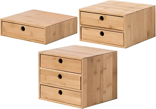 Modular Stackable Set of 3 Bamboo Organizer Desktop Drawers - 1, 2, 3 = 6 Drawers Total Storage Organizer for Desk Accessories, Office Supplies, Makeup Storage - Tabletop Wood Box Stackable Drawers