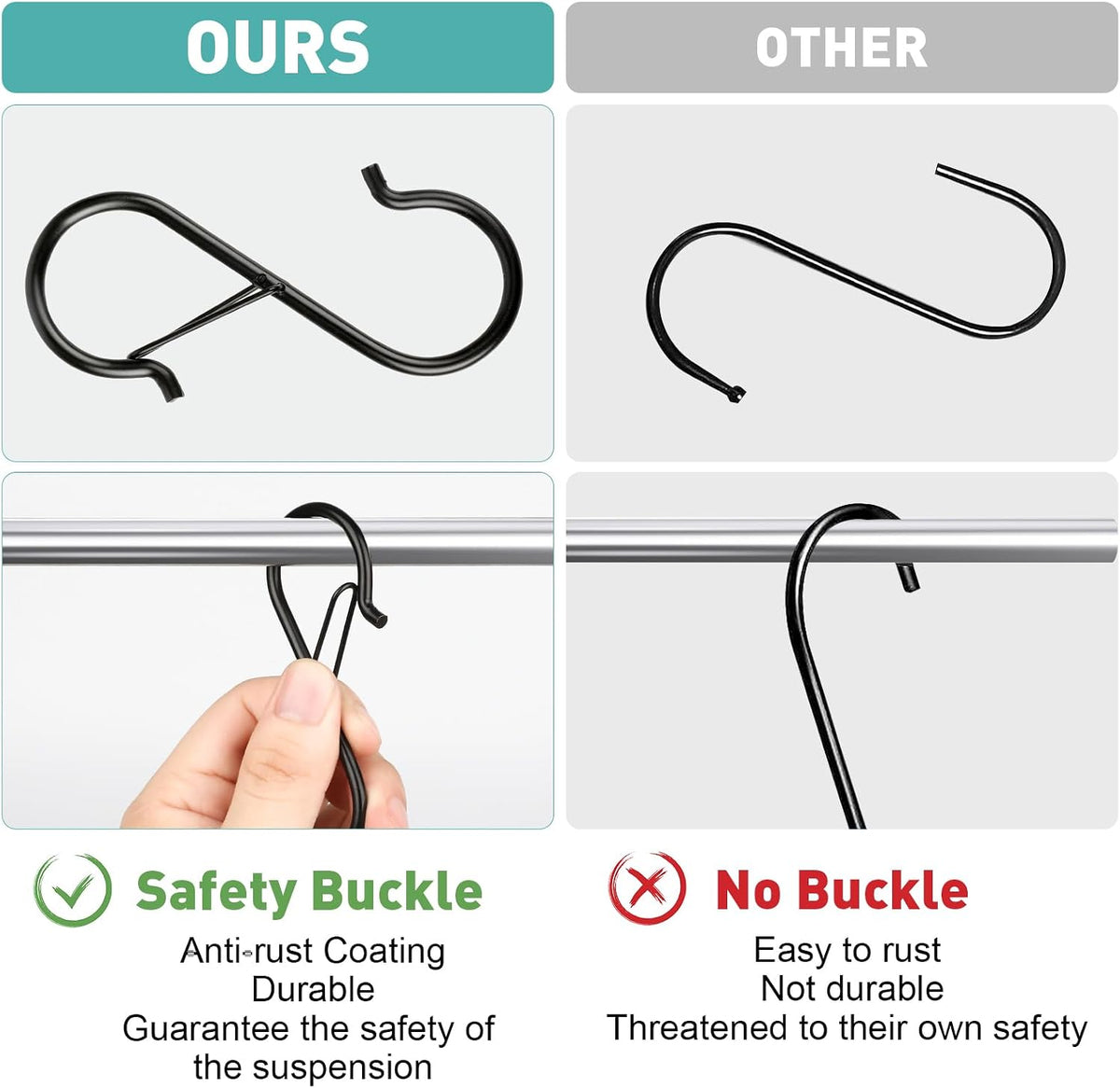 12 Pcs S Hooks for Hanging Heavy Duty, Metal S Hook with Safety Buckle