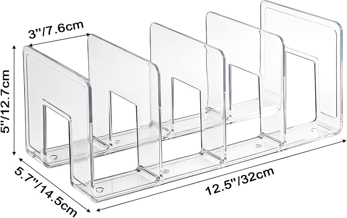 Lawei 4 Pack Acrylic File Sorter, 4-Section Clear Desktop File Folder Holder Organizer, Thick Office Storage Stand Rack for Book, Envelopes, Mail, Document, Notebook, Binder, Purse, Clutch Divider