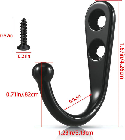 Small Metal Hooks for Wall Hanging, Rustproof Black Coat Hooks with Screws