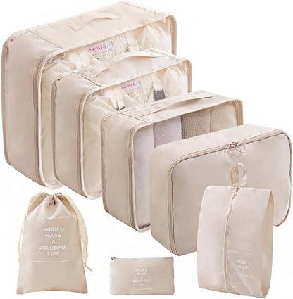 Packing Cubes for Travel - 7 Set Luggage Organizer Bags for Family, Mesh Breathable Travel Packing Cubes for Suitcases Durable Essentials Bags Set with Large Toiletries Bag (Beige)