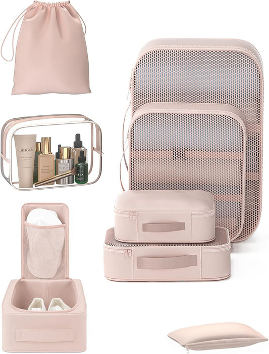 8 Set Packing Cubes for Travel with Clear Toiletry Bag, Durable Luggage Packing Organizers, Carry-On Accessories, TSA Approved See-Through Cubes, Space-Saving Storage Bags, Gifts for Women