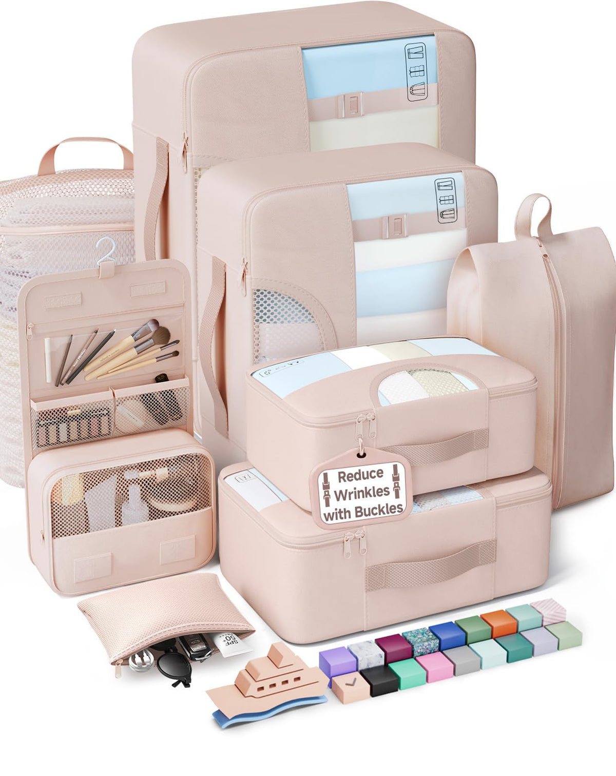 Veken 10 Set/8 Set Packing Cubes for Travel Essentials,Anti-Wrinkle Buckled Suitcase Organizer for Shoe & Toiletry Bag,Carry On Luggage Bag for Airplane & College Dorm Room Accessories,Women Men Gifts