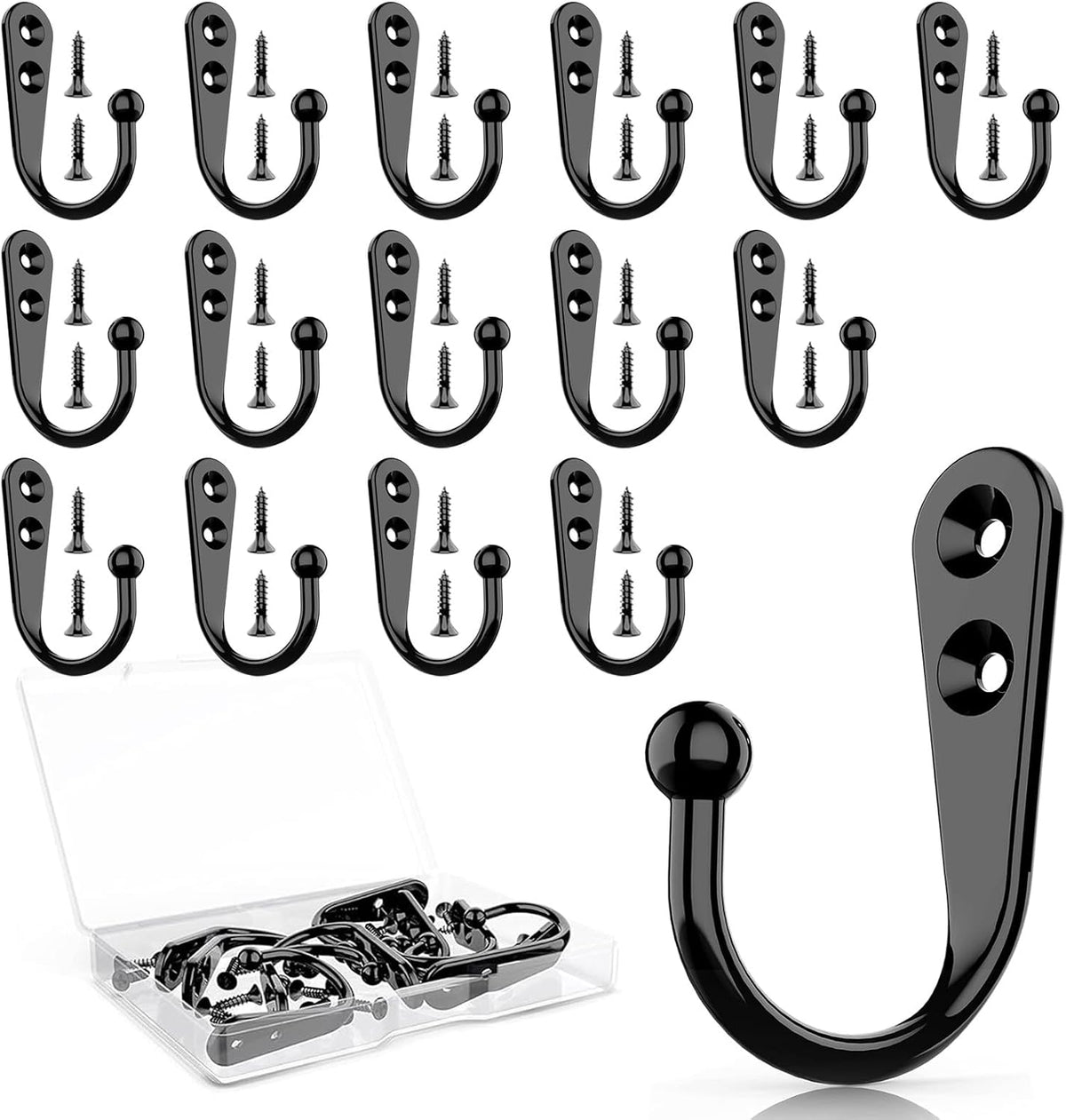 15 Pcs Black Coat Hooks, Wall Hooks for Closet Hanging, 30 Screws