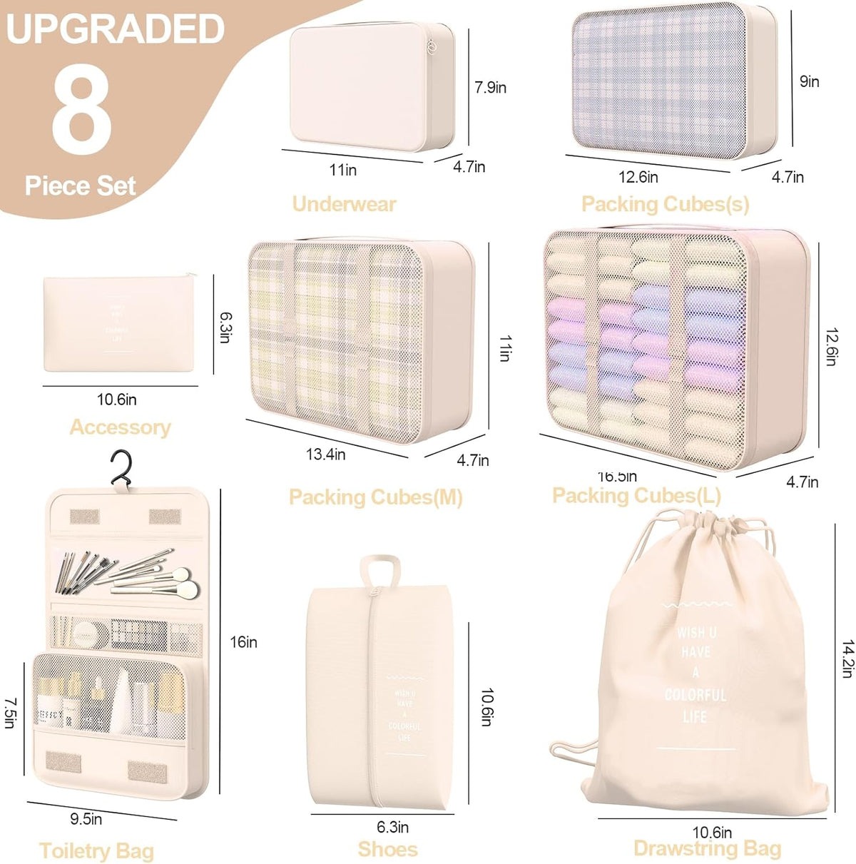 8 Set Packing Cubes for Travel, Suitcase Organizer Bags for Luggage (Cream)
