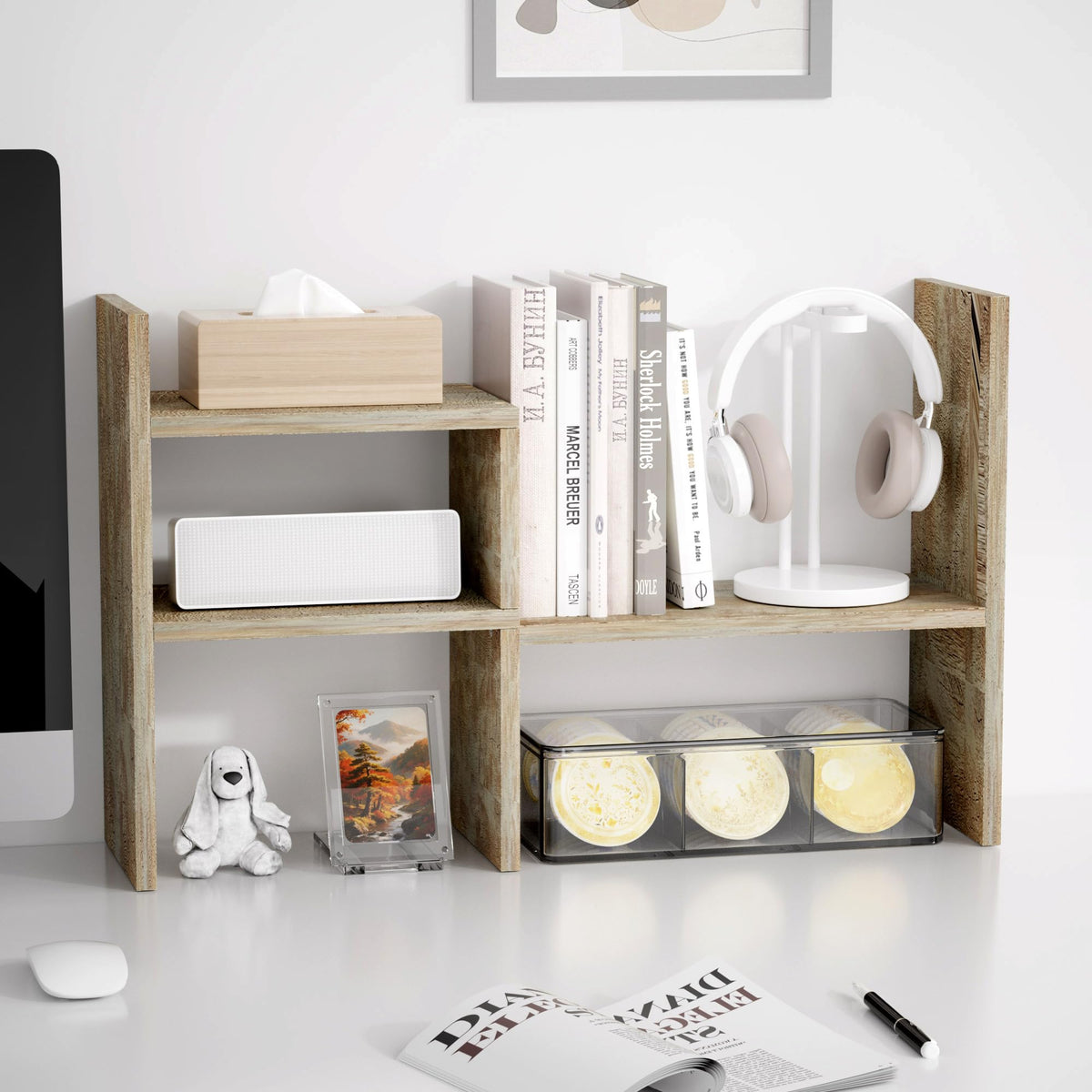 Jerry & Maggie Desktop Organizer Office Storage Rack Adjustable Wood Display Shelf, White, 5 Units, 16"L x 15.8"H x 6.8"W