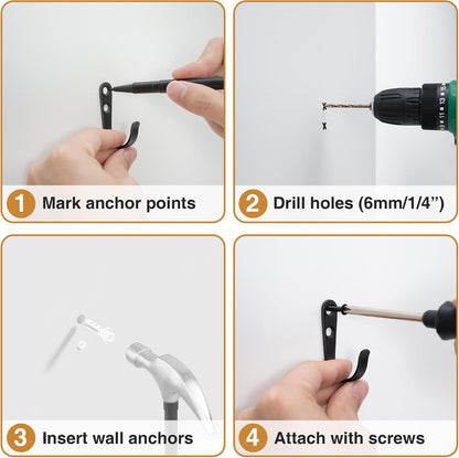 10Pcs Wall Hooks, Black Metal Coat and Towel Hooks, Holds Up to 40 lbs