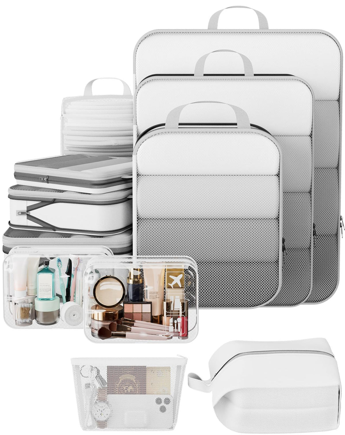 Veken 9/11 Set Compression Packing Cubes for Cruise Travel Essentials,Compressible Expandable Luggage Suitcase Organizer Bags for Clothing,Space Saver Bags with Over 1000 pcs of Mesh Holes(Beige)