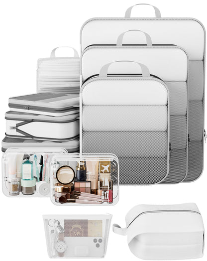 Veken 9/11 Set Compression Packing Cubes for Cruise Travel Essentials,Compressible Expandable Luggage Suitcase Organizer Bags for Clothing,Space Saver Bags with Over 1000 pcs of Mesh Holes(Beige)