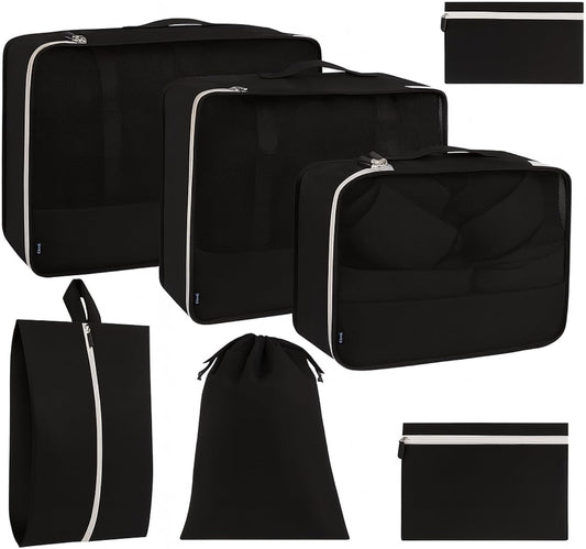 7Pc Packing Cubes for Travel & Storage, Zipper & Drawstring Bags Set, Black