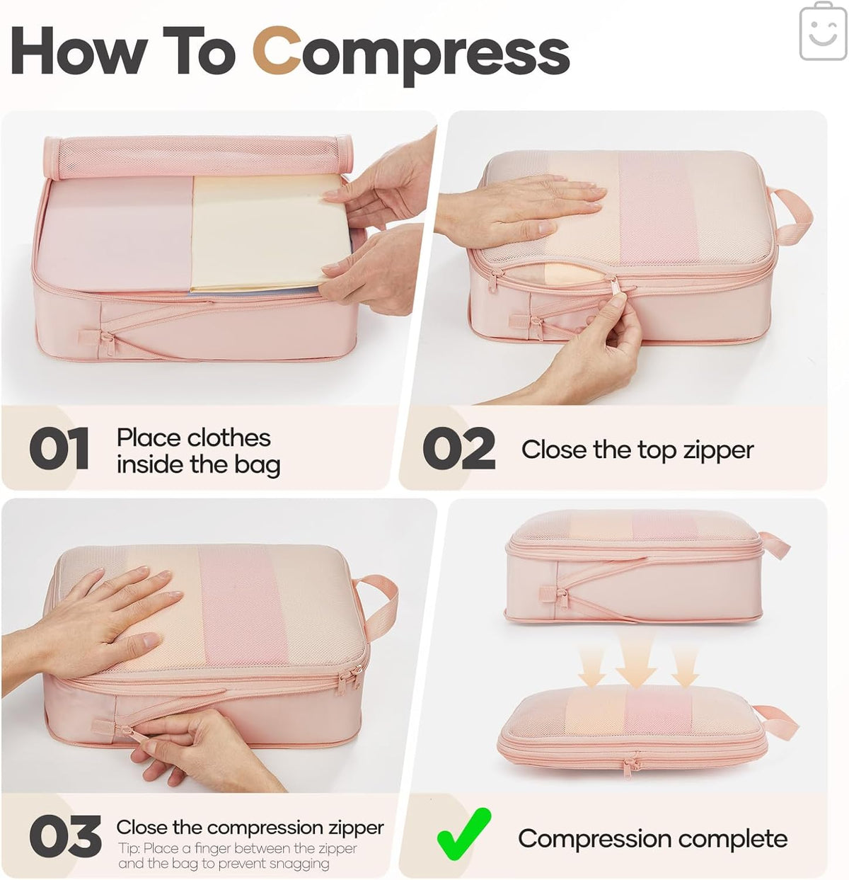 Veken 9/11 Set Compression Packing Cubes for Cruise Travel Essentials,Compressible Expandable Luggage Suitcase Organizer Bags for Clothing,Space Saver Bags with Over 1000 pcs of Mesh Holes(Beige)