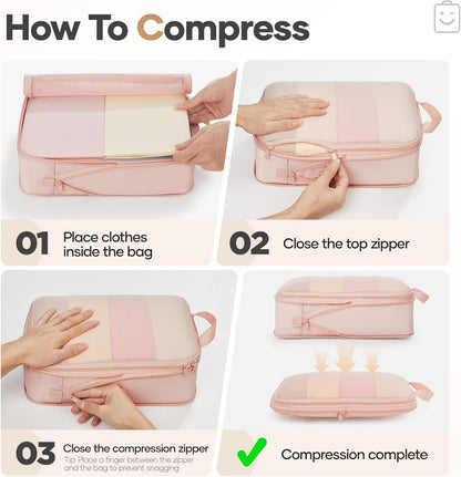 Veken 9/11 Set Compression Packing Cubes for Cruise Travel Essentials,Compressible Expandable Luggage Suitcase Organizer Bags for Clothing,Space Saver Bags with Over 1000 pcs of Mesh Holes(Beige)