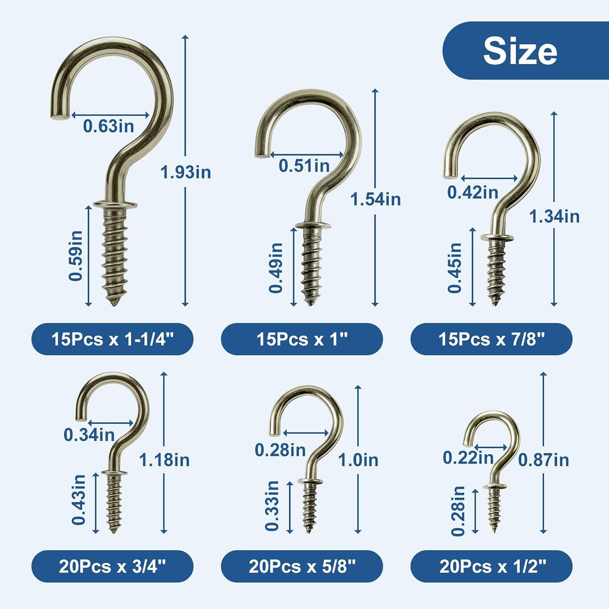 105 Pcs Cup Hooks Bronze Screw-in 6 Sizes Metal Ceiling