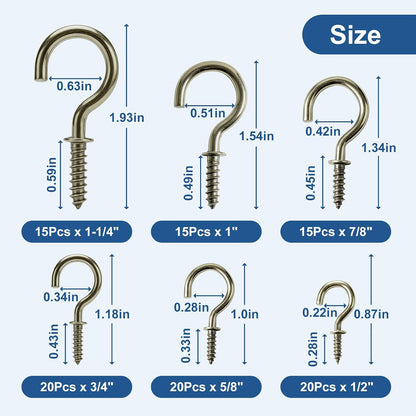 105 Pcs Cup Hooks Bronze Screw-in 6 Sizes Metal Ceiling