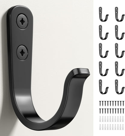 10Pcs Wall Hooks, Black Metal Coat and Towel Hooks, Holds Up to 40 lbs