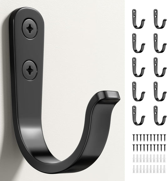 10Pcs Wall Hooks, Black Metal Coat and Towel Hooks, Holds Up to 40 lbs