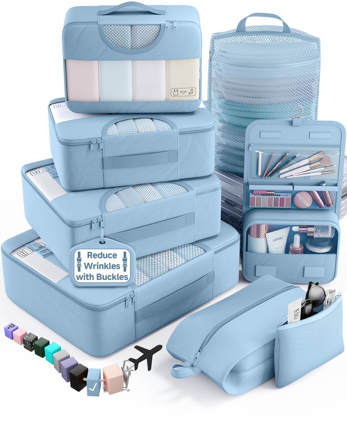 Veken 10 Set/8 Set Packing Cubes for Travel Essentials,Anti-Wrinkle Buckled Suitcase Organizer for Shoe & Toiletry Bag,Carry On Luggage Bag for Airplane & College Dorm Room Accessories,Women Men Gifts