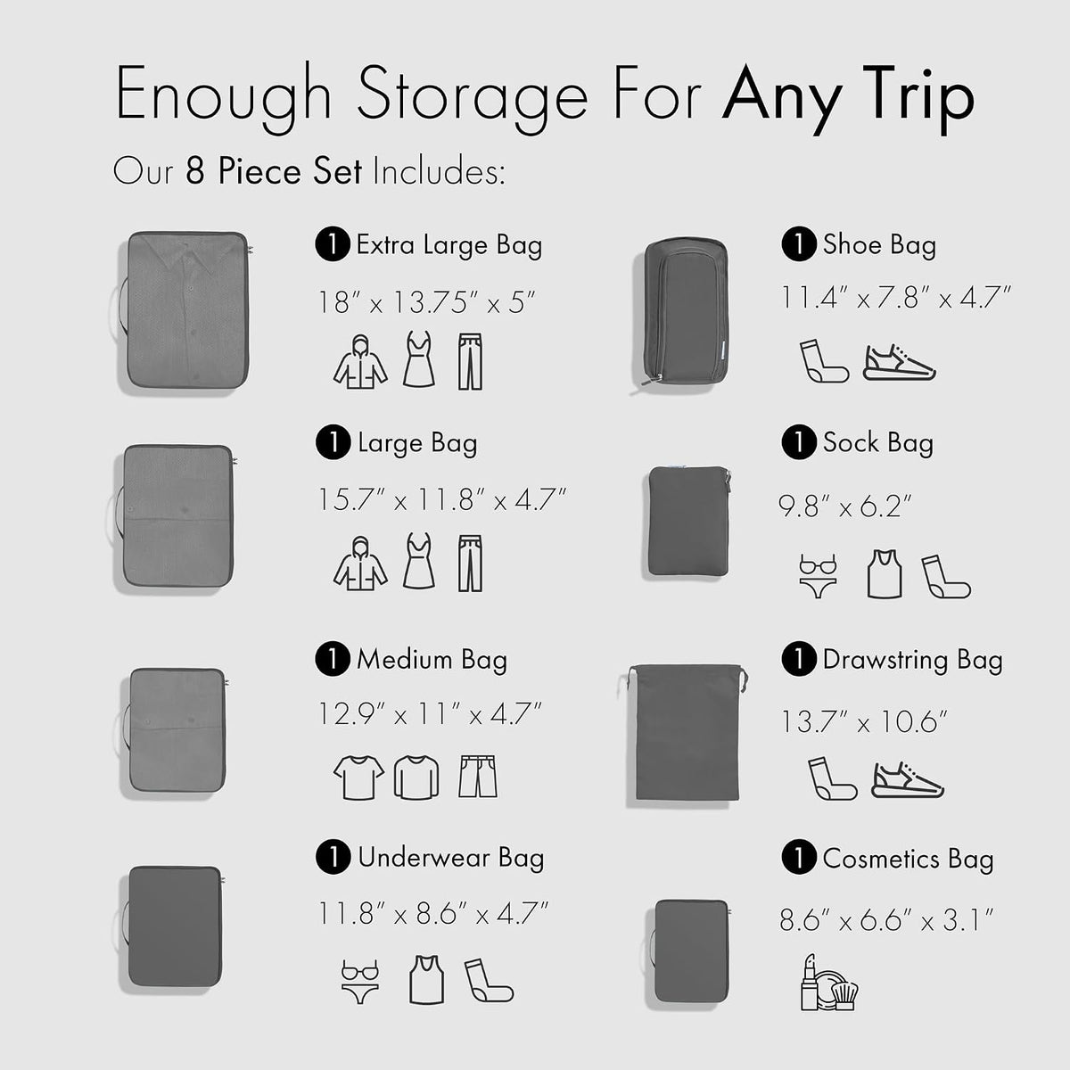 (Not Made In China) 8 Piece Packing Cube Set, Luggage Organizer Bags for Suitcases, Travel Bags, Space Saving Clothes Organizers for Carry On and Checked Luggage