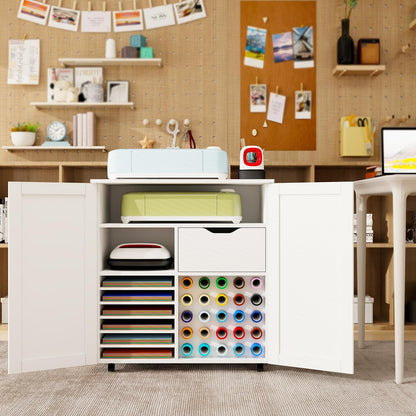 Craft Cart Cabinet Compatible with Cricut for Storage Organization, Rolling Craft Cabinet Table Stand Workstation with Vinyl Roll Holder with Wheels for Craft Room Organizer 31.6"W x 15.8"D x 33.7"H